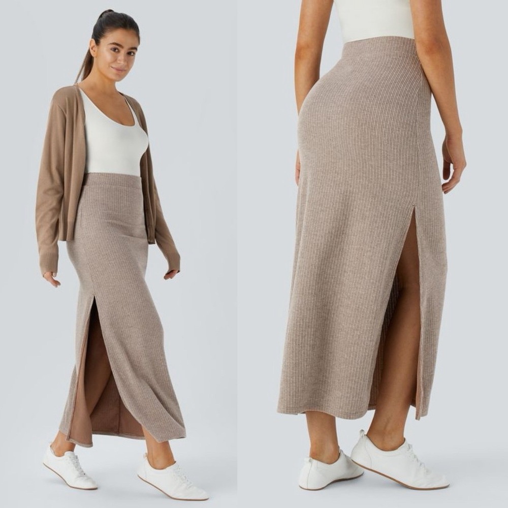 Halara Ribbed High Waisted Hem A Line Side Slit Maxi Casual Skirt Tan Size Small